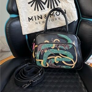 Min & Mon Marino Medium Crossbody Black Leather Bag - Tiger And Snake Print